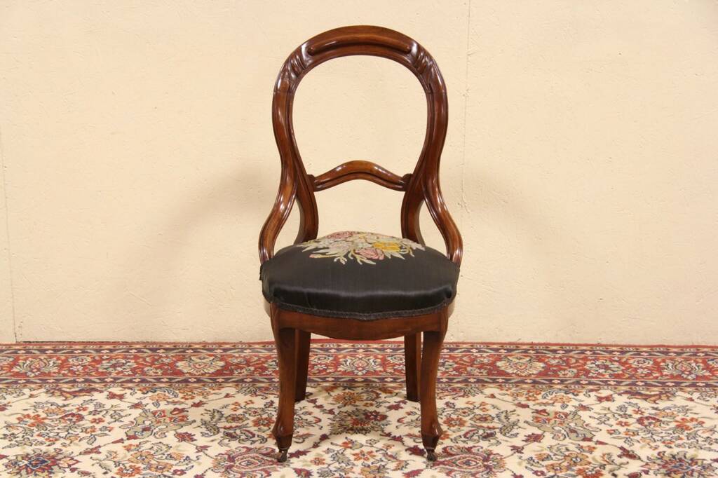 SOLD - Victorian 1860 Antique Embroidered Horsehair Chair - Harp