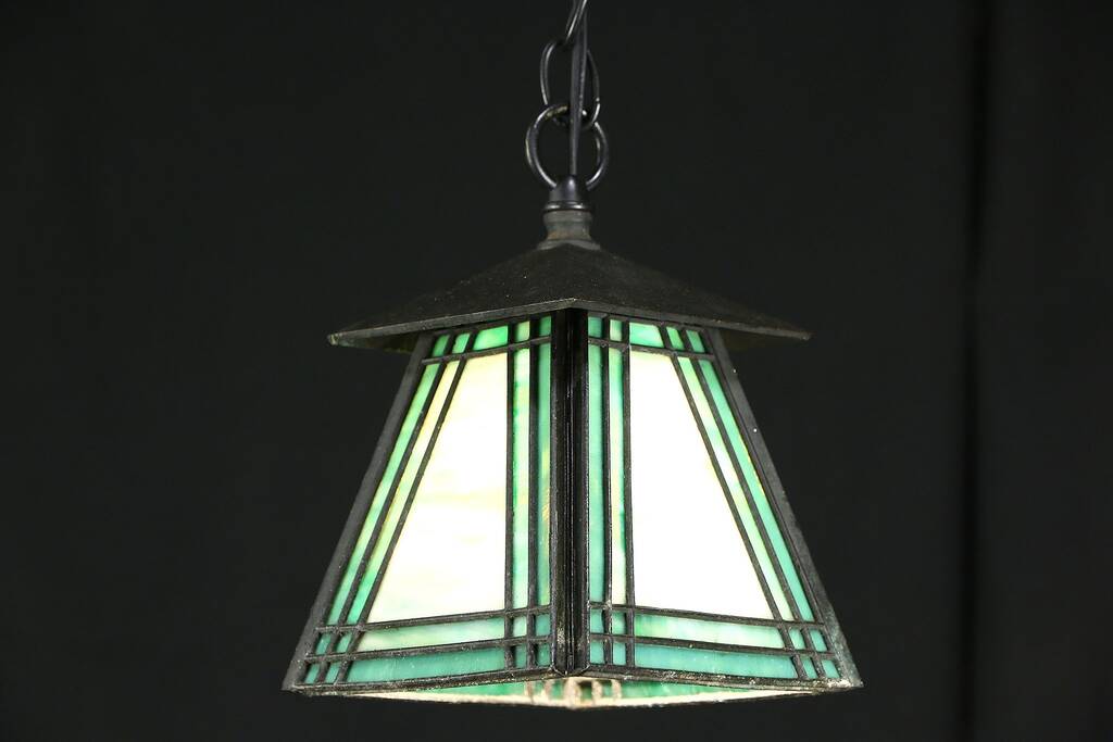 SOLD - Arts & Crafts Antique Leaded Stained Glass Pendant Ceiling Light