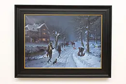 Hunters in Winter Vintage Original Oil Painting DeCraene 63" #48734