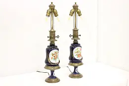 Pair of French Antique Painted Porcelain Brass Boudoir Lamps #46106