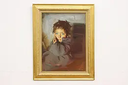 Child w/ Blue Eyes Vintage Original Oil Painting Moshe 30" #49168