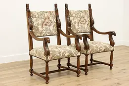 Pair of Renaissance Design Antique Chairs, Carved Ram Heads #48710