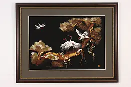 Red Crowned Cranes Vintage Framed Chinese Silk Embroidery #49381