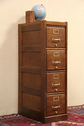 Macey Oak 4 Drawer Antique 1910 File Cabinet, Bronze Hardware