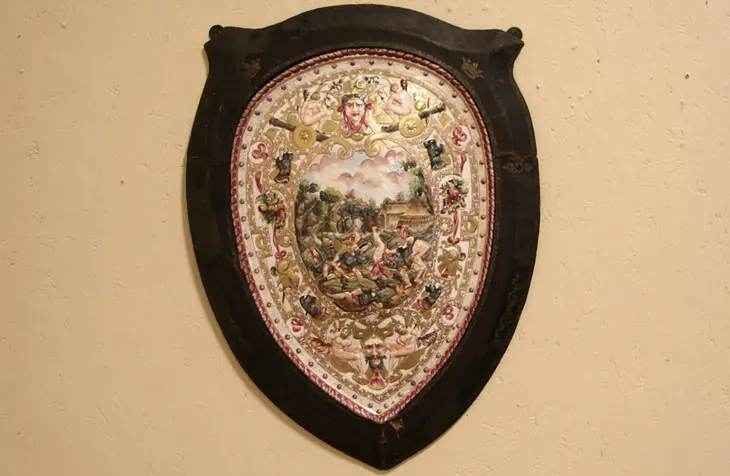 Capodimonte Royal Naples 1800's Porcelain Shield Plaque, Leather Frame