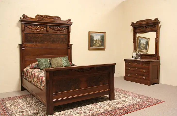 Victorian Eastlake Queen Size 2 pc. 1885 Antique Bedroom Set, Marble Top