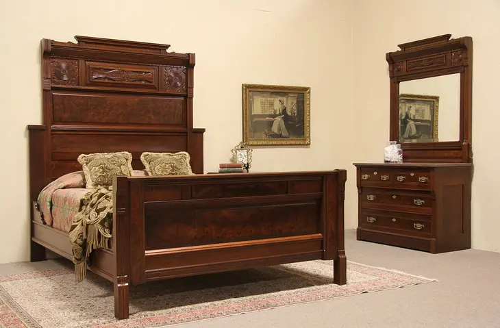 Victorian Eastlake 1880 Bedroom Set, Queen Size Bed, Marble Top Dresser