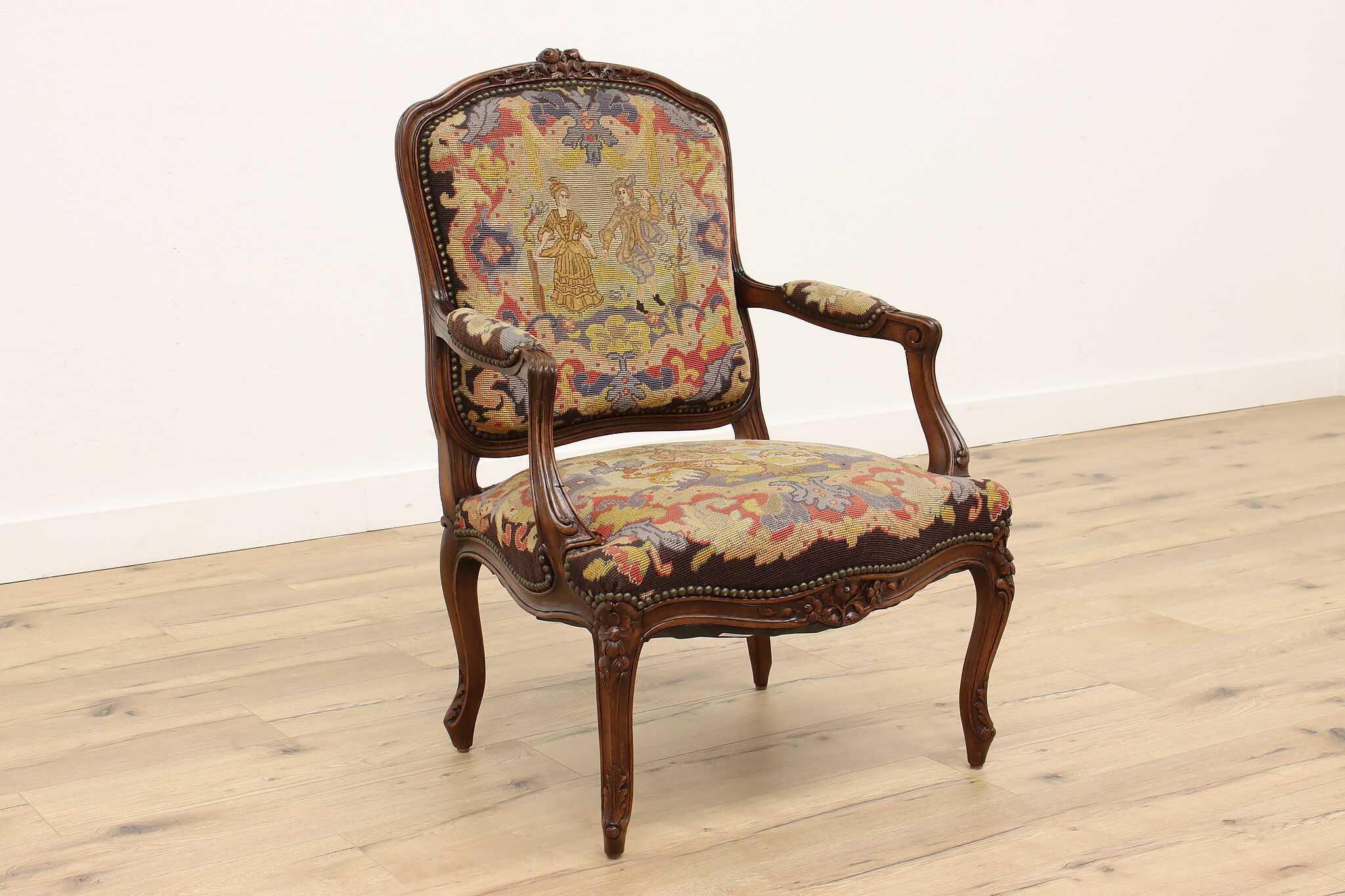 Antique Hand Carved Louis XIV Needlepoint Tapestry Highback Armchair, circa  1850