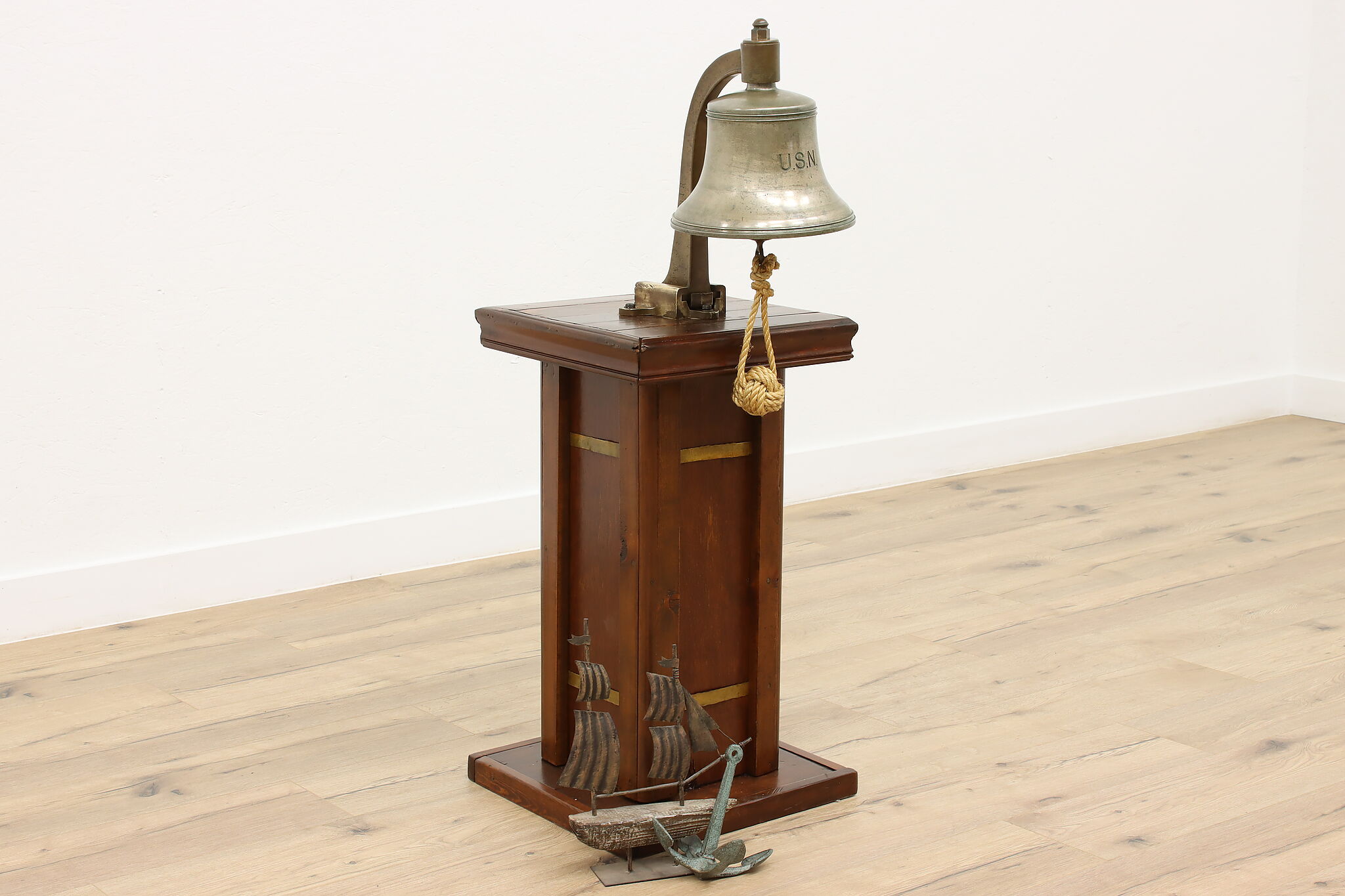 Vintage Nautical US Navy 9 3/4 Bronze Bell, Pine and Brass Pedestal