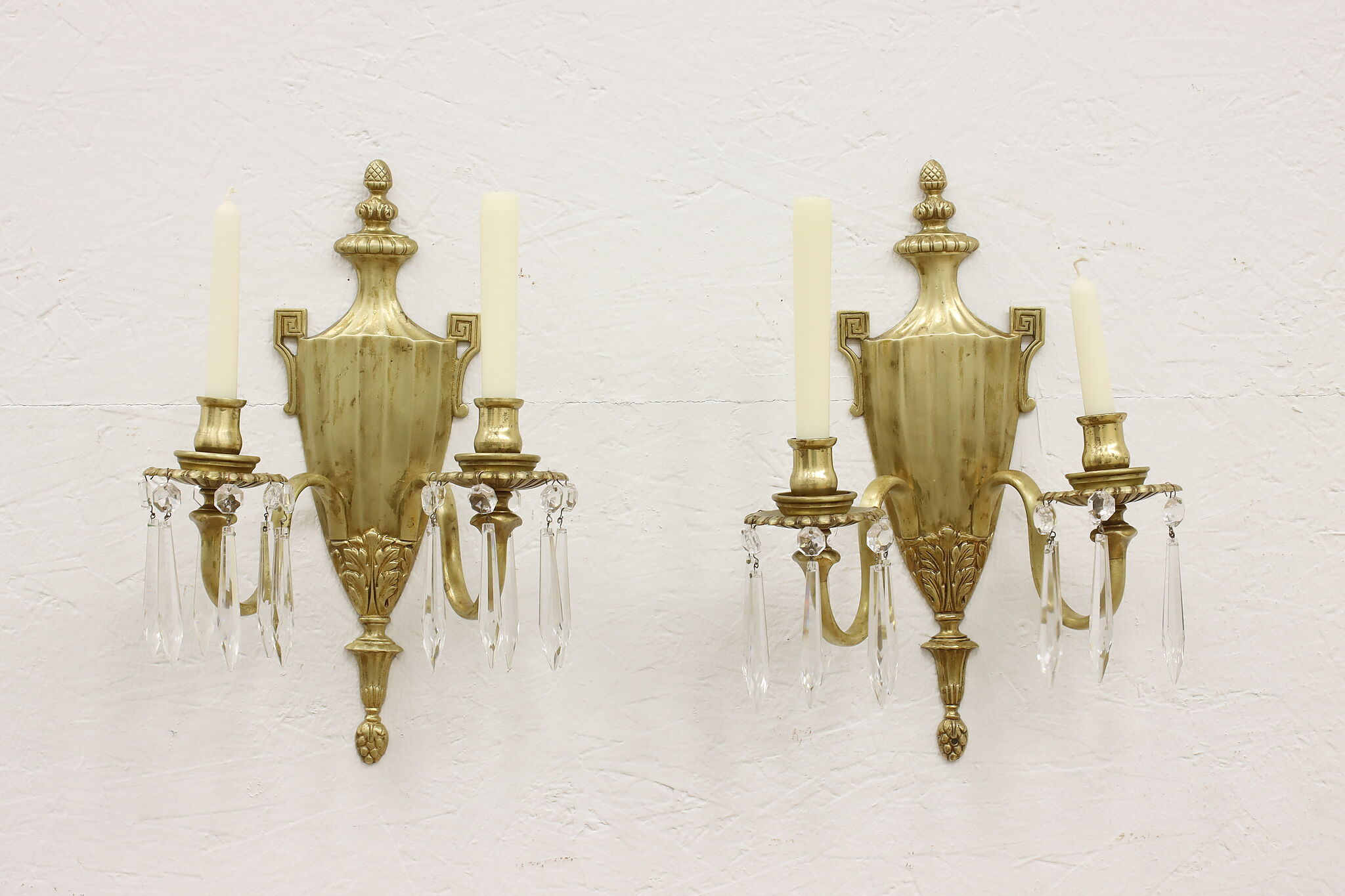 Pair of Classical Vintage Brass & Prisms Wall Candle Sconces