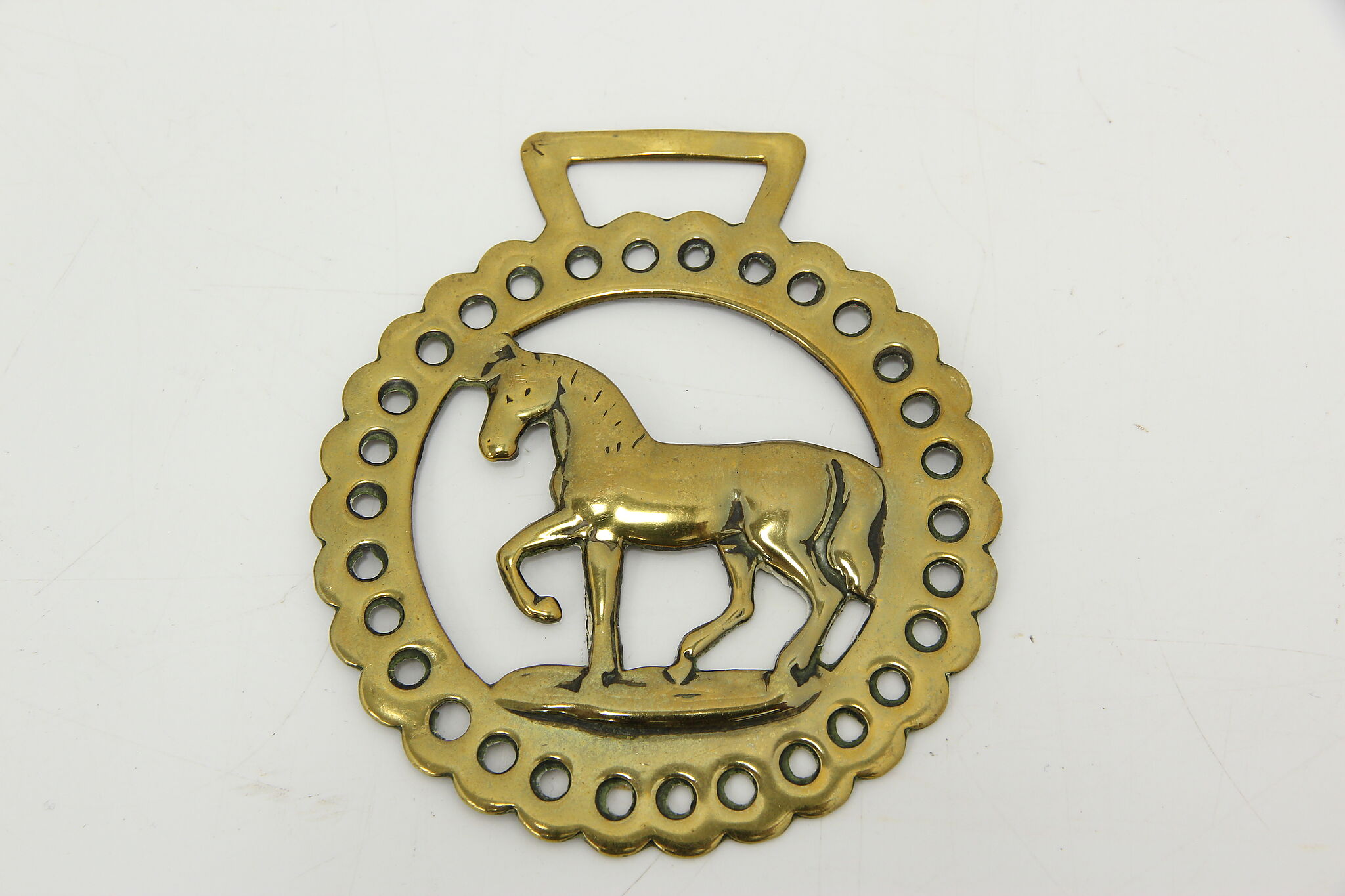 vintage horse harness brass ornament, solid brass medallion w/ swan,  English country decor