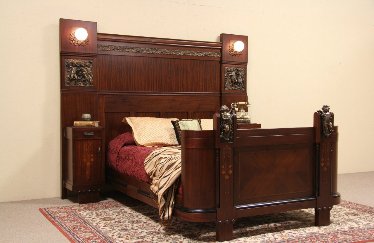 Italian 1915 Queen Size Bed, Cherubs Bronze Nightstands