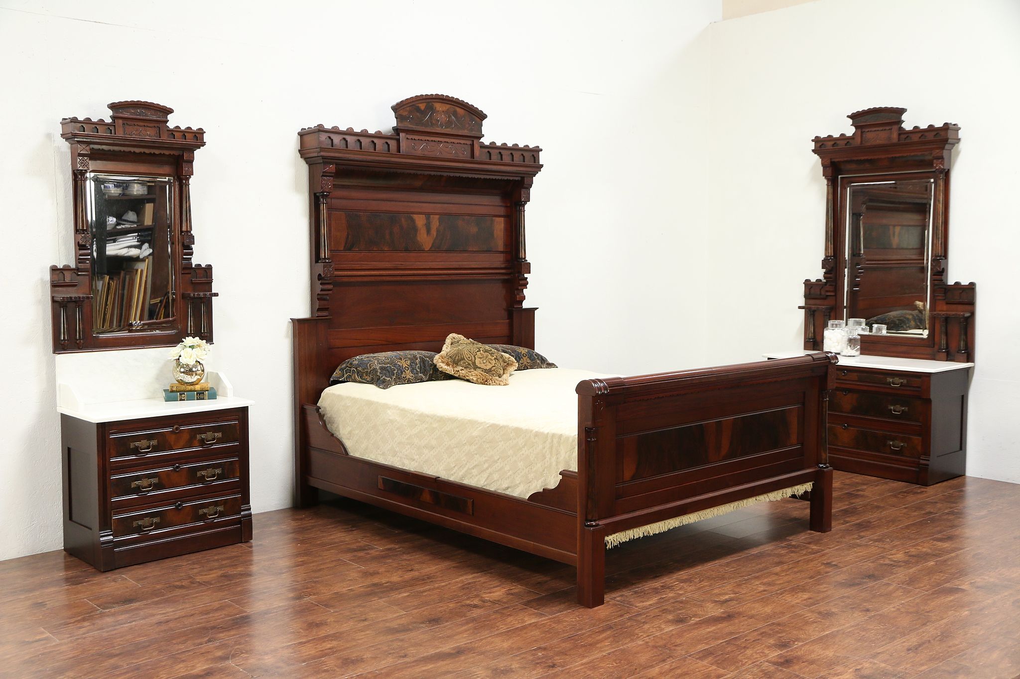 Victorian Antique Walnut 3 Pc Queen Bedroom Set Marble Tops