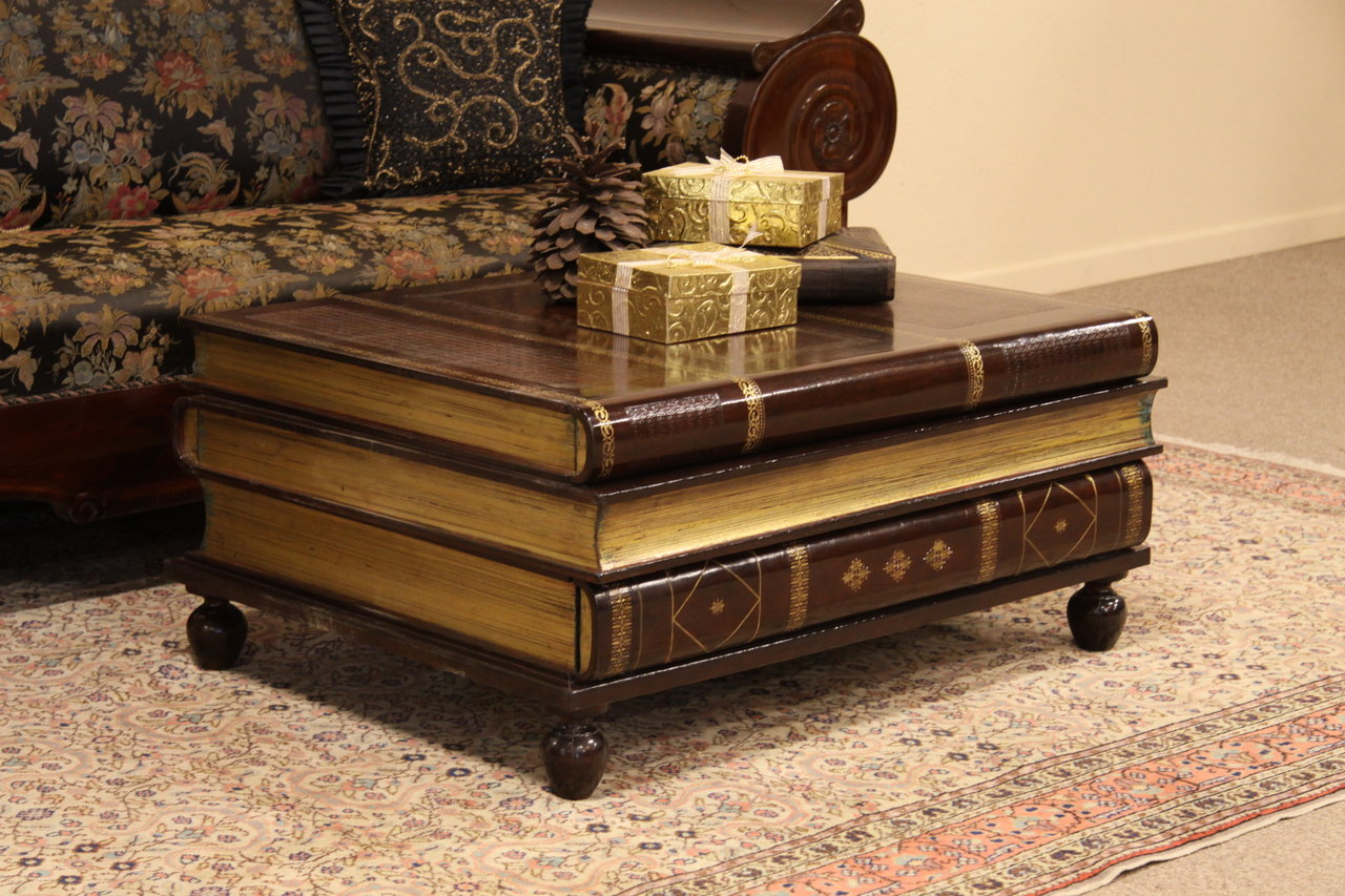 Vintage Maitland Smith Stacked Book Leather Bound 3 Drawer Cocktail Coffee  Table at 1stDibs