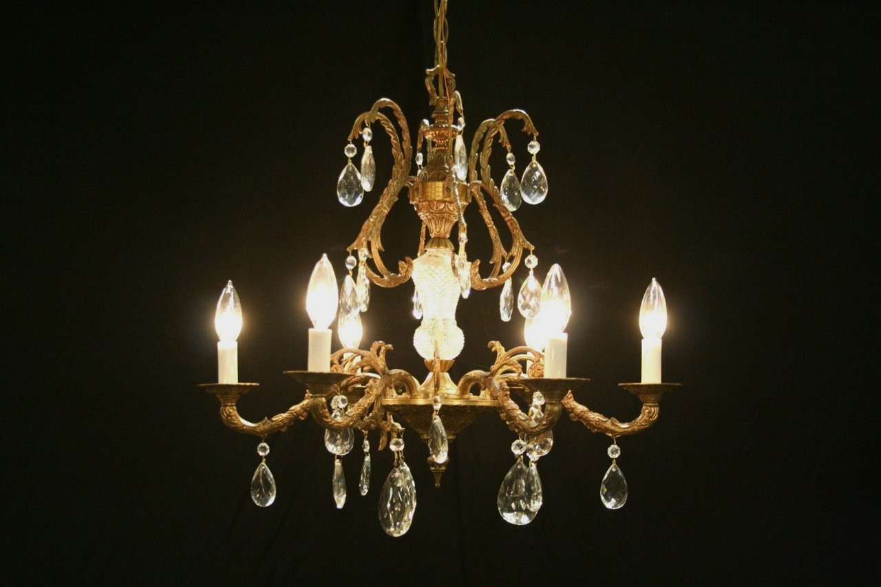 Six Candle Vintage Brass and Glass Chandelier