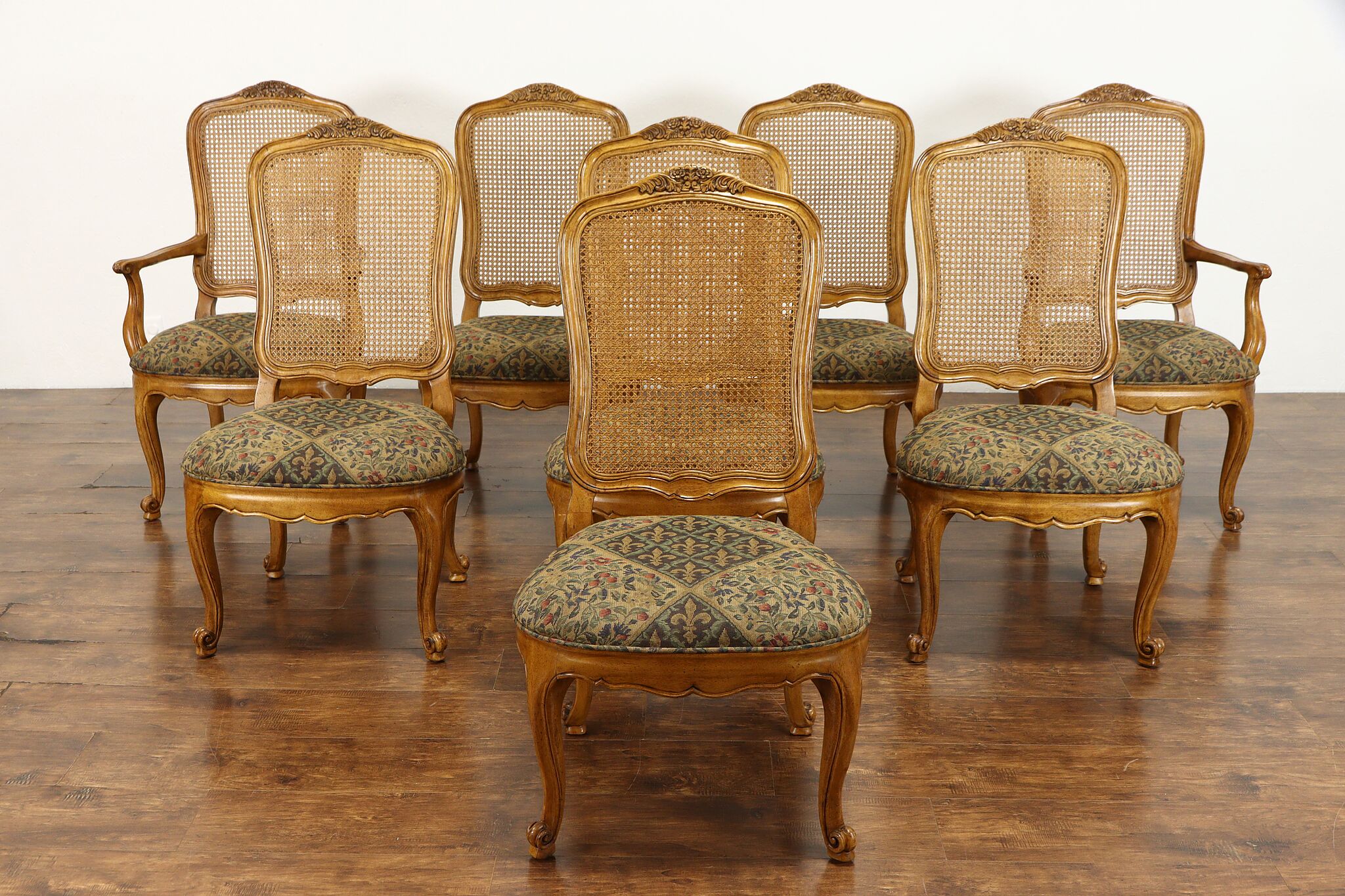 Set of 8 Country French Vintage Carved Dining Chairs, Bau