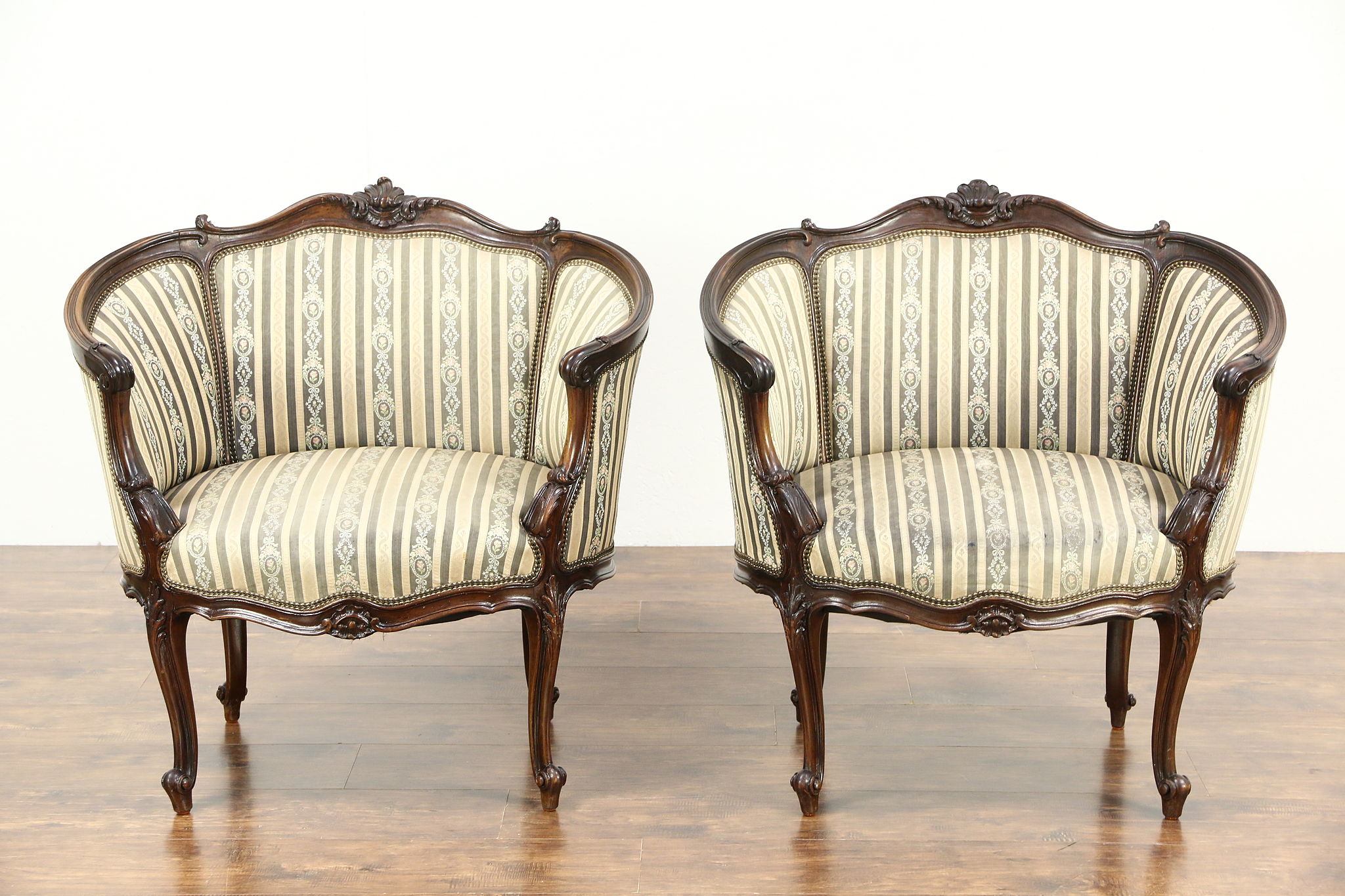 Pair of Louis XV Style Carved Walnut Arm Chair