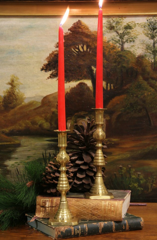 Pair 1840 Antique English Beehive Brass Candlesticks