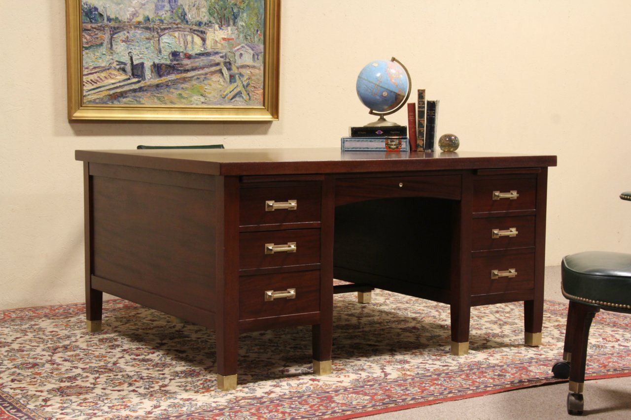 1900s Edwardian Very Large Antique Partner's Desk, English, Twin