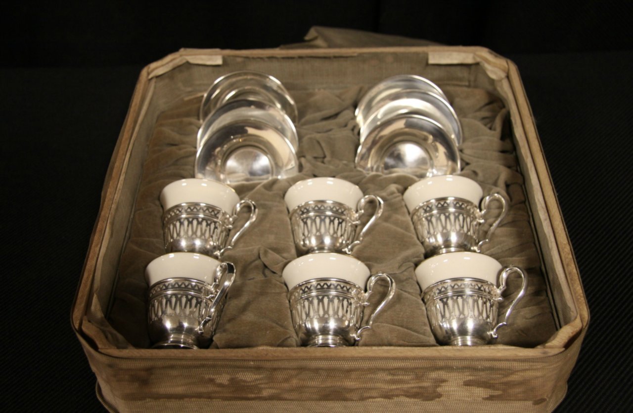 Set of 6 Sterling Silver Espresso Coffee Cups & Saucers, Lenox Liners