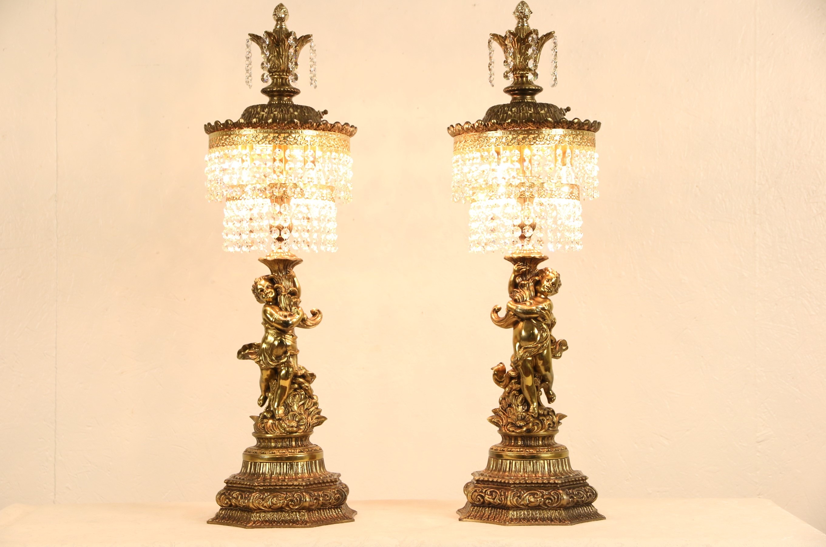 Vintage Pair of Brass and Glass Cherub Lamps, Glass Prisms, Brass
