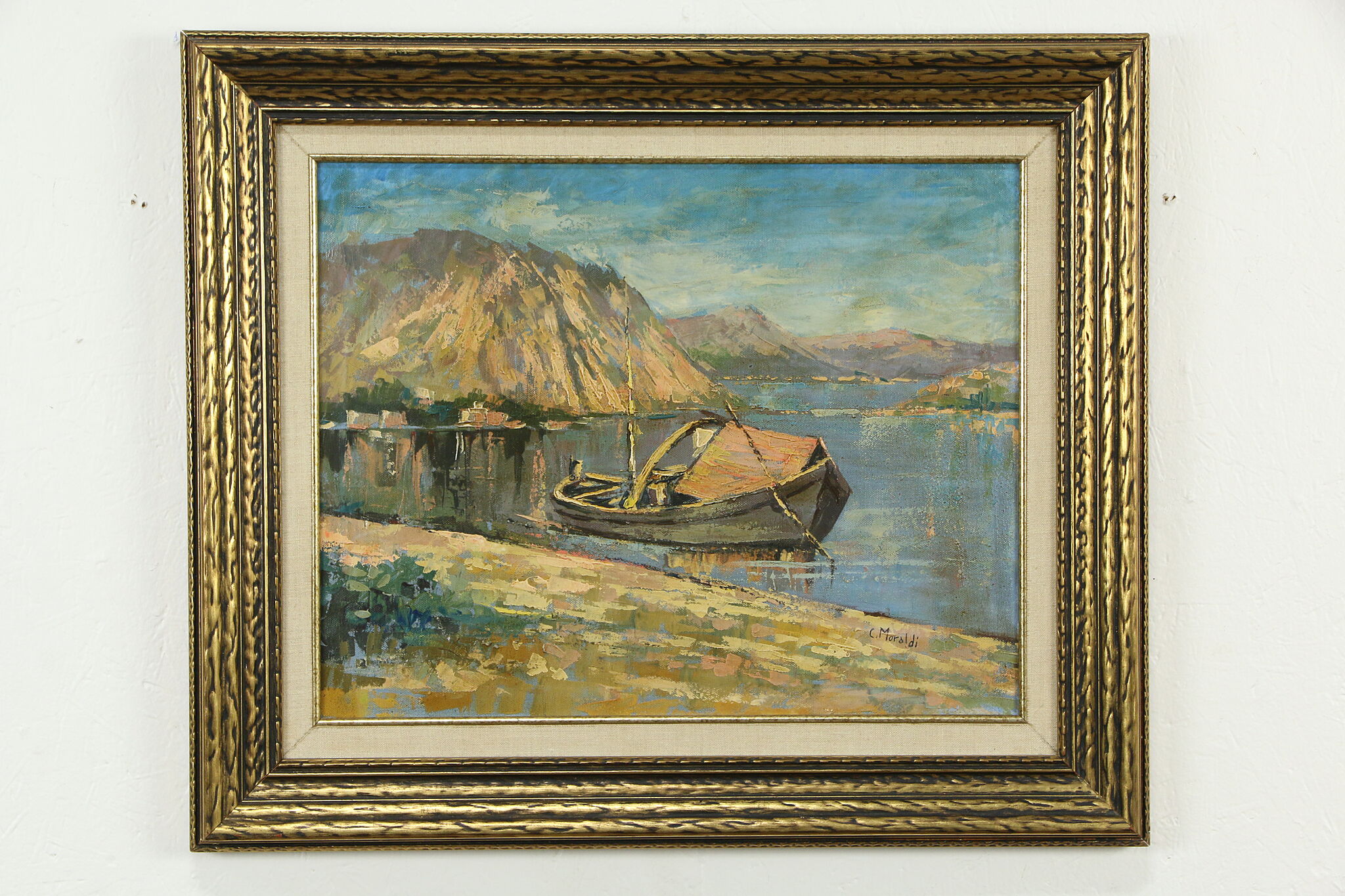 Large Vintage Crane Moored Fishing Boats Oil Painting - Signed And Framed
