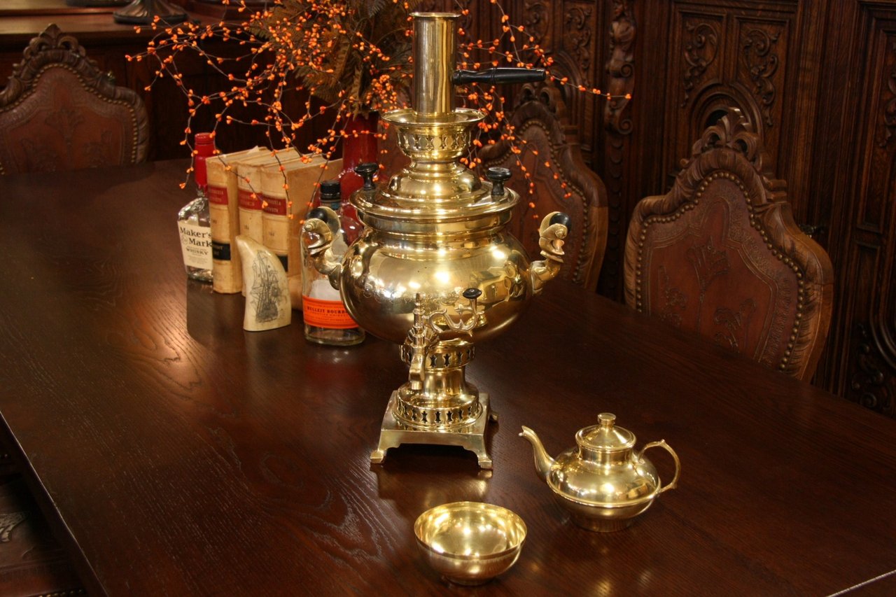 Brass Antique Samovar, Teapot & Sugar Bowl