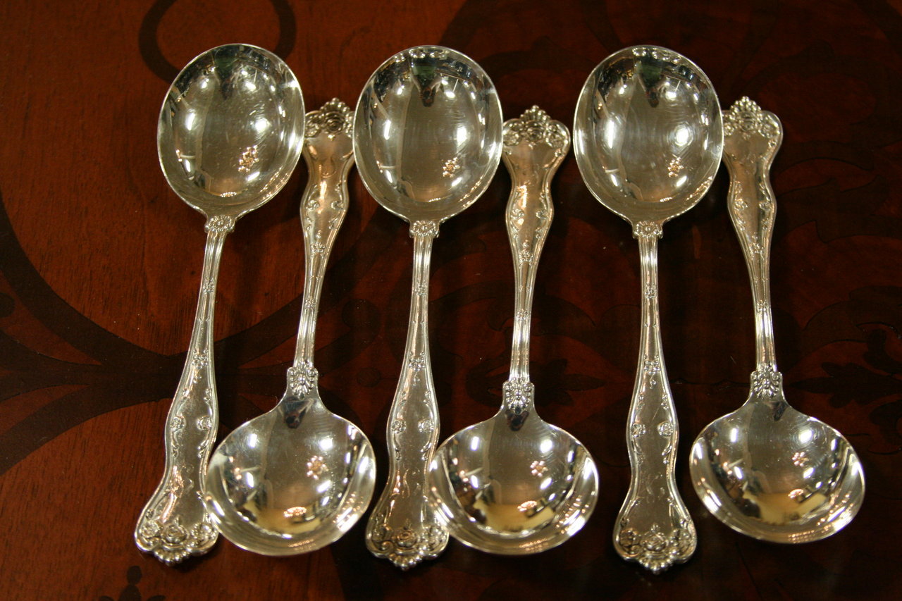 Mid Century Silver Plated Set 6 Soup Spoons, Vintage Angora Plate, Warwick  Pattern. England. 