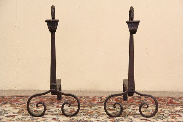 Pair Of Antique Hand Wrought Iron Fireplace Andirons