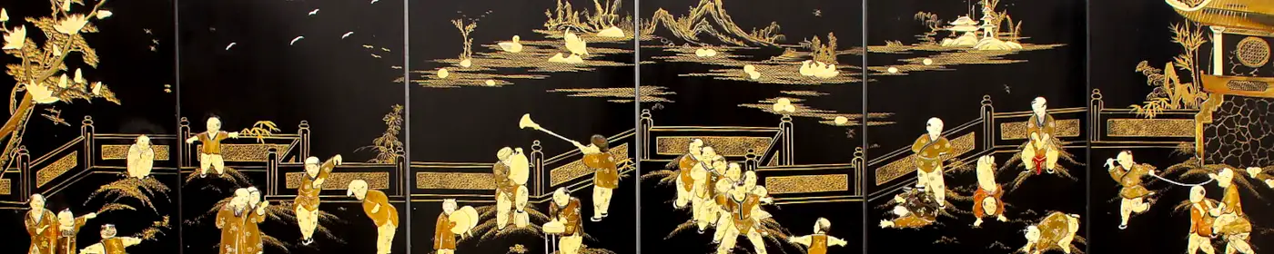 Traditional Chinese Vintage 6 Panel Bone & Lacquer Screen