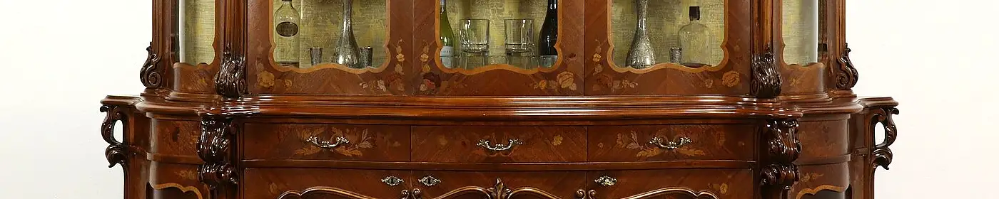 Italian Vintage Carved Walnut Marquetry Breakfront