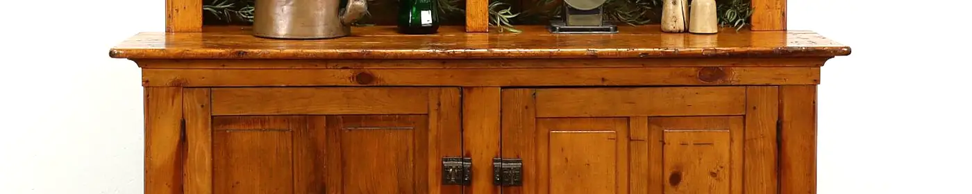 Farmhouse Antique Country Pine Carved Pewter Cabinet