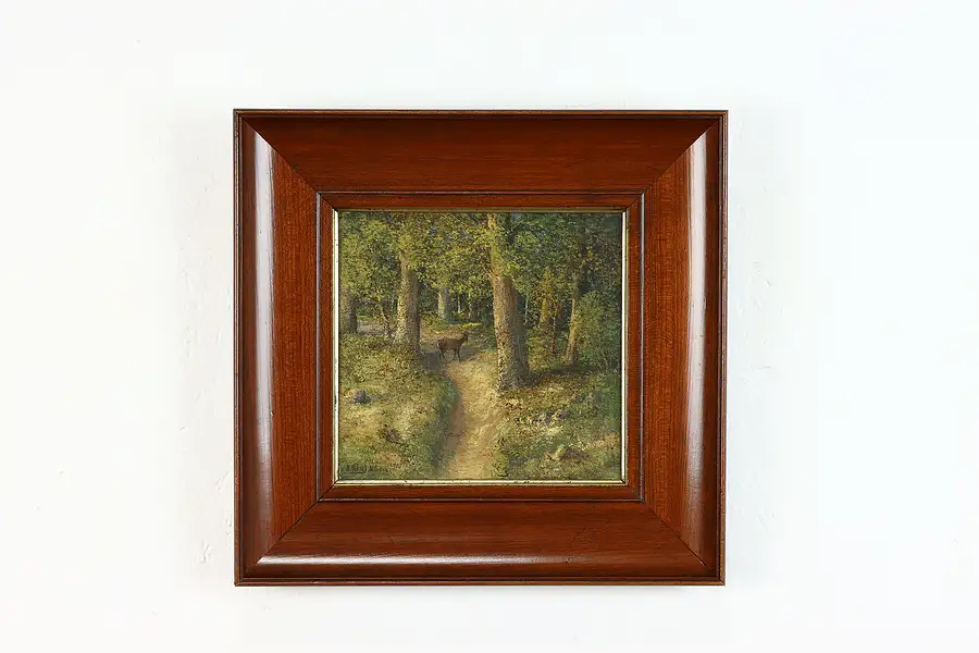 Main image of Wooded Landscape with Deer German Antique Original Oil Painting Remi 14"