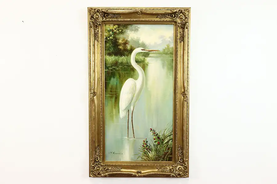 Main image of Monumental Egret Bird in Lake Original Vintage Oil Painting, Cowan 59"