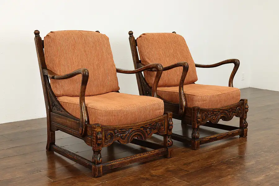 Main image of Pair English Tudor Carved Oak Club Chairs, New Upholstery, Kittinger