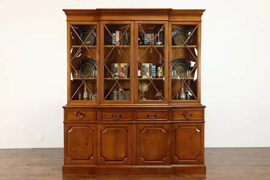 Main image of Farmhouse Pine Vintage Breakfront China Cabinet, Bookcase & Desk