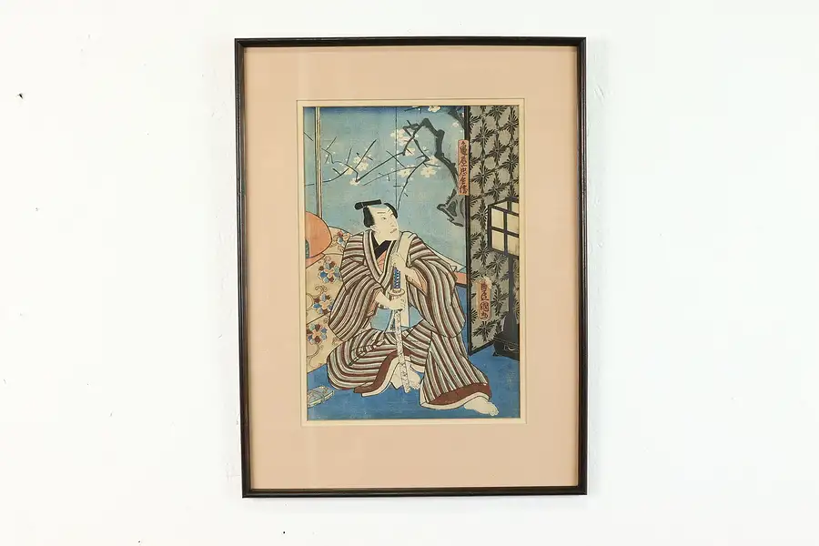 Main image of Japanese Antique Ukiyo-e Style Samurai Woodblock Print, 19.5"