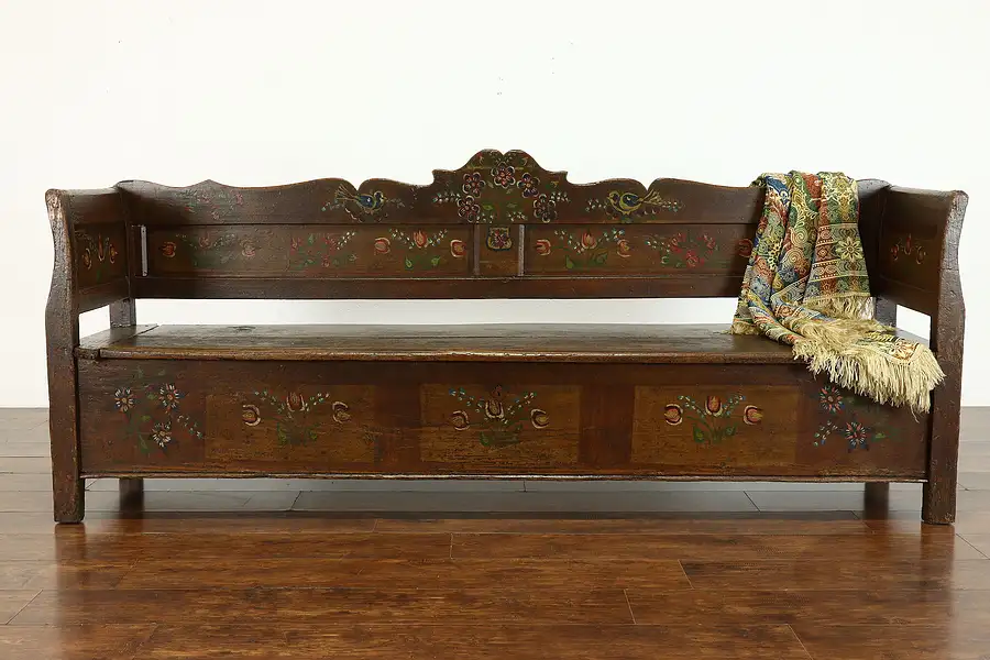 Main image of Bohemian Folk Art Antique Farmhouse Hall Bench, Storage & Hand Painting