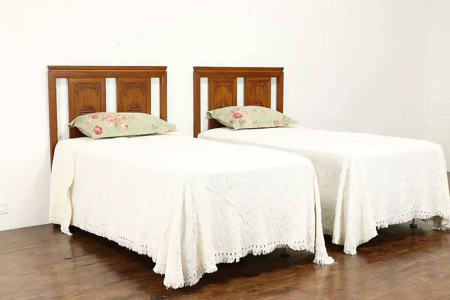 Main image of Pair of Chinese Carved Teak Vintage Twin Beds, Fit King Size