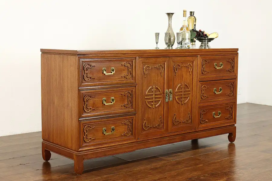 Main image of Chinese Vintage Teak Low Dresser or Chest with Green Marble Top