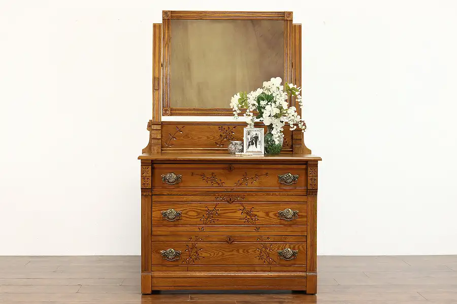 Main image of Victorian Eastlake Antique Ash Spoon Carved Chest or Dresser with Mirror