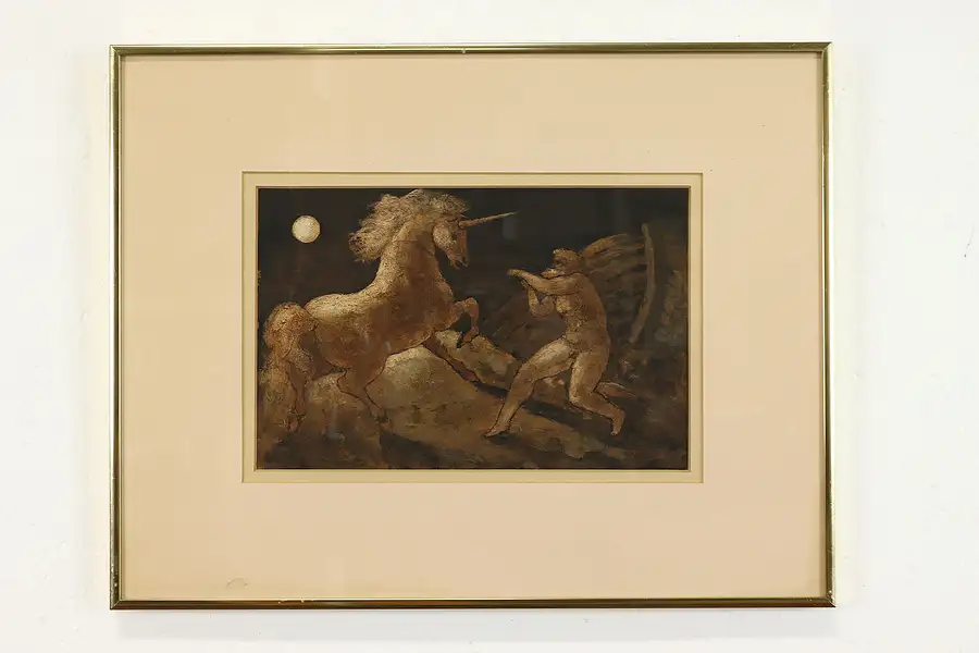 Main image of "Noah Roping a Unicorn" Vintage Original Oil Painting, Burdick 18.5"