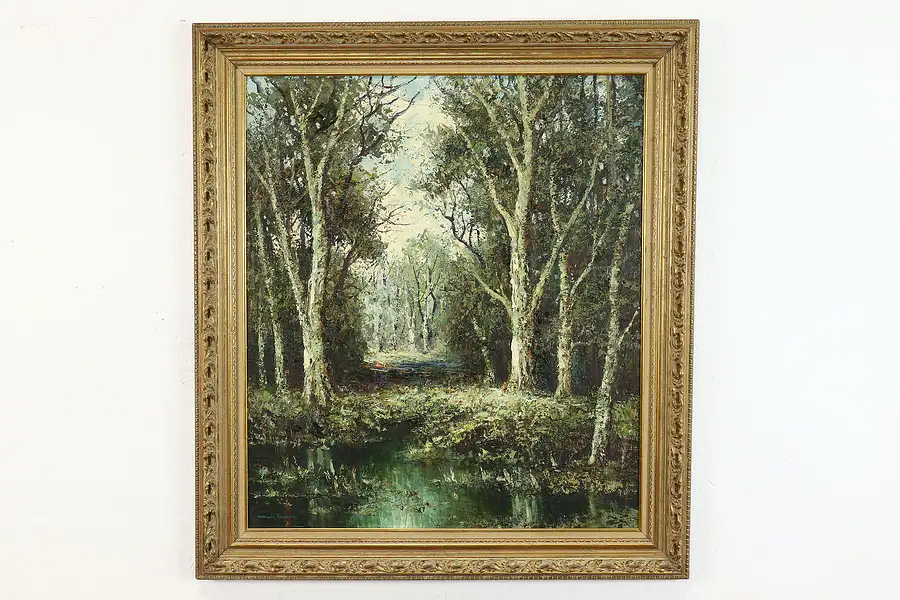 Main image of Forest & Pond Scene Original Vintage Oil Painting, Sohler 38"