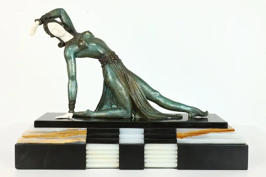 Main image of Art Deco French Bronze Sculpture of Dancer with Skirt Onyx Base, Chiparus