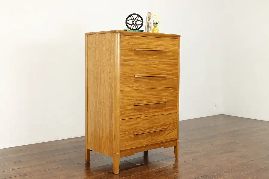 Main image of Midcentury Modern 1950 Vintage Satinwood Highboy Chest or Dresser