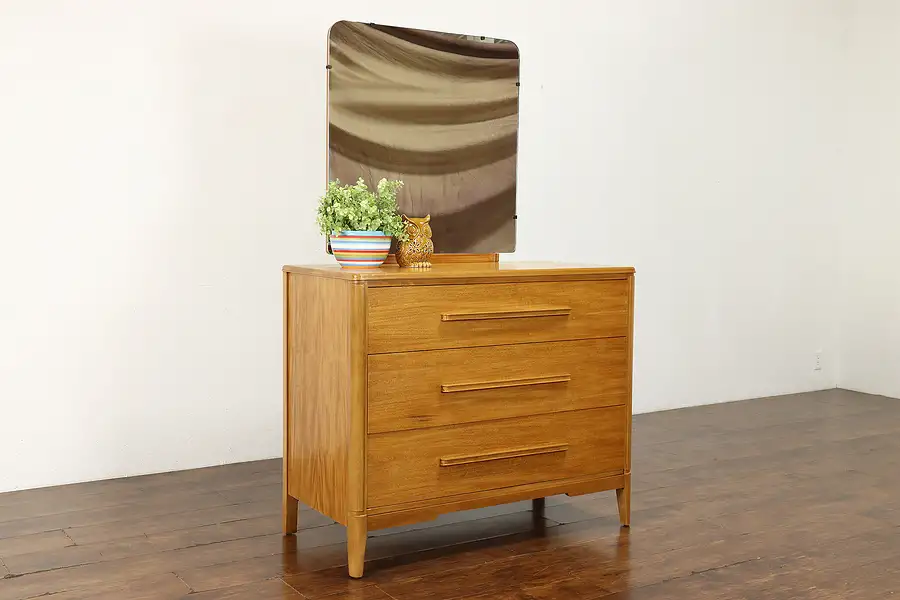 Main image of Midcentury Modern 1950 Vintage Satinwood Chest or Dresser with Mirror