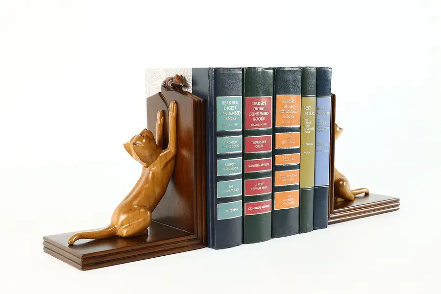 Main image of Pair of Vintage Hand Carved Cat & Mouse Sculpture Bookends