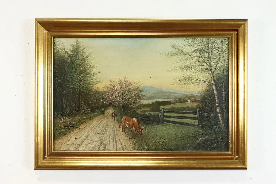 Main image of Bringing the Cows Home Original Antique Oil Painting, Addison 29.5"