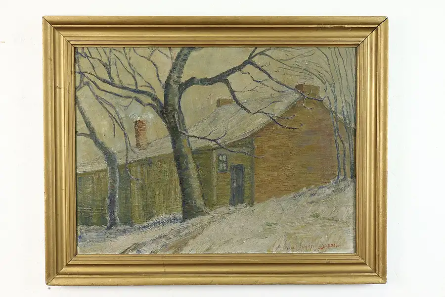 Main image of Rustic Cabin in Winter Original Antique Oil Painting, Spencer 28"