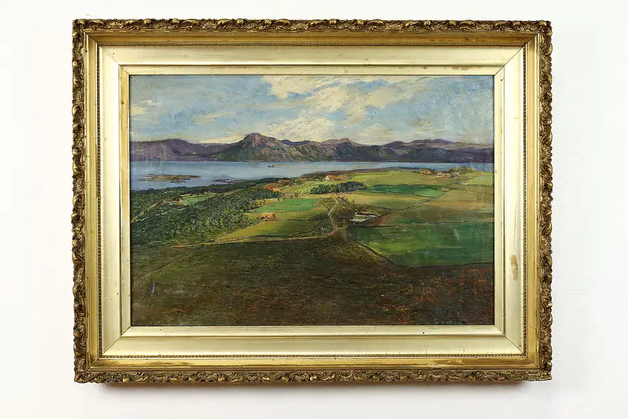 Main image of Norwegian Landscape Original Antique Oil Painting, Bernhard 37"